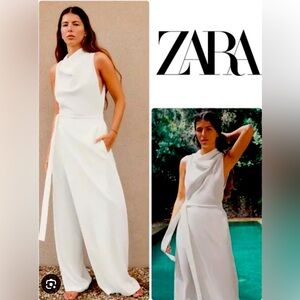 NWT ZARA White Wrap Cowl neck sleeveless Jumpsuit size Medium